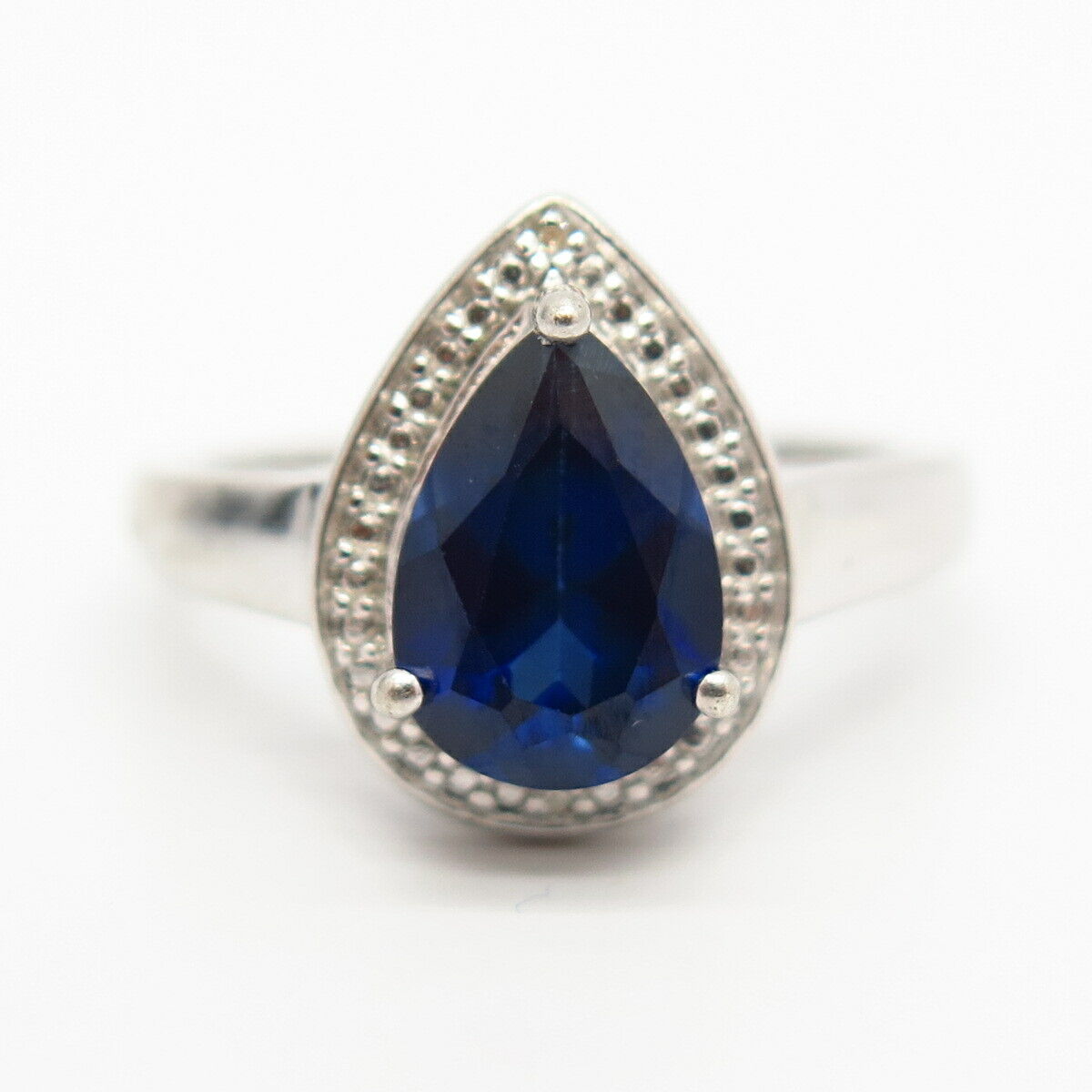 925 Sterling Silver Lab-Created Sapphire & C Z Teardrop Design Ring Size 7 3/4