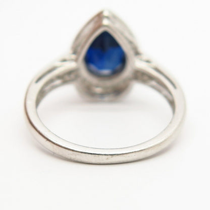 925 Sterling Silver Lab-Created Sapphire & C Z Teardrop Design Ring Size 7 3/4