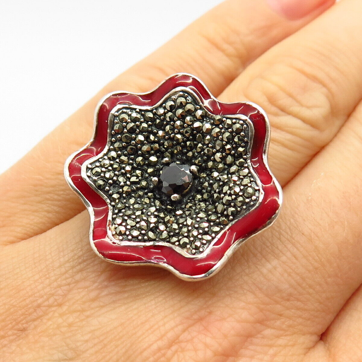 925 Sterling Silver Real Hematite Marcasite Gem & Enamel Floral Design Wide Ring