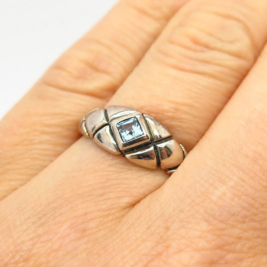 925 Sterling Silver Real Blue Topaz Gem Woven Design Ring Size 6 3/4