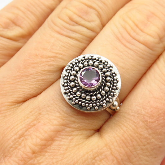 925 Sterling Silver Real Amethyst Gemstone Granulated Design Round Ring