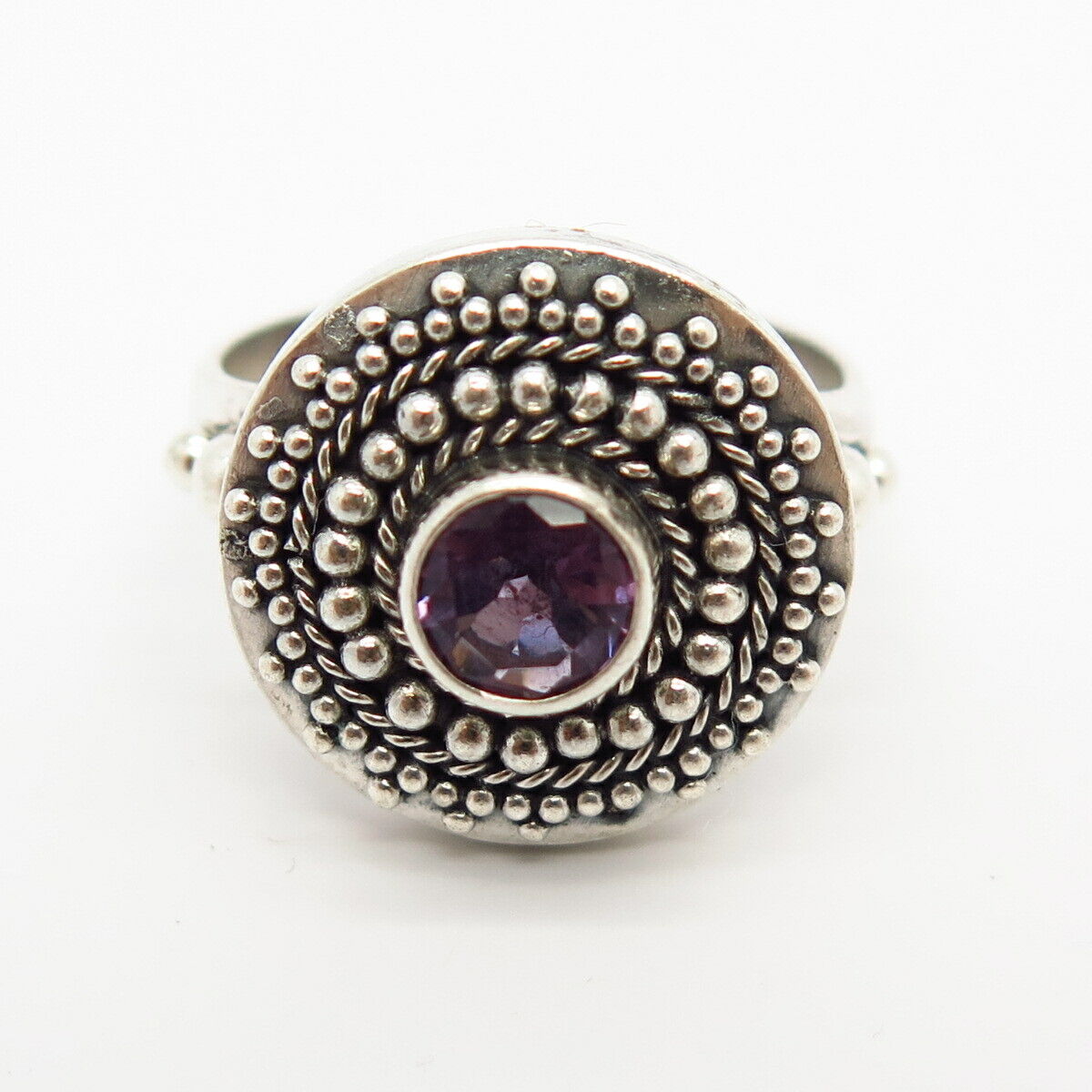 925 Sterling Silver Real Amethyst Gemstone Granulated Design Round Ring