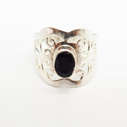 925 Sterling Silver Real Black Onyx Gem Ornate Design Wide Ring Size 7 1/4