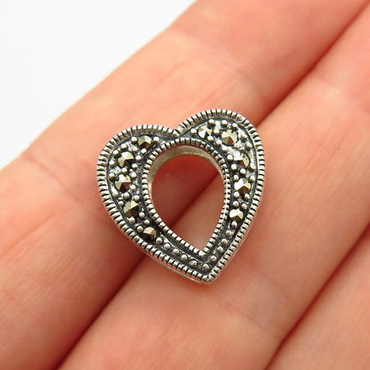 925 Sterling Silver Real Marcasite Gem Open Heart Design Slide Pendant