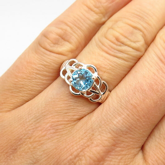 925 Sterling Silver Real Blue Topaz Gem Ribbed Design Rings Size 7