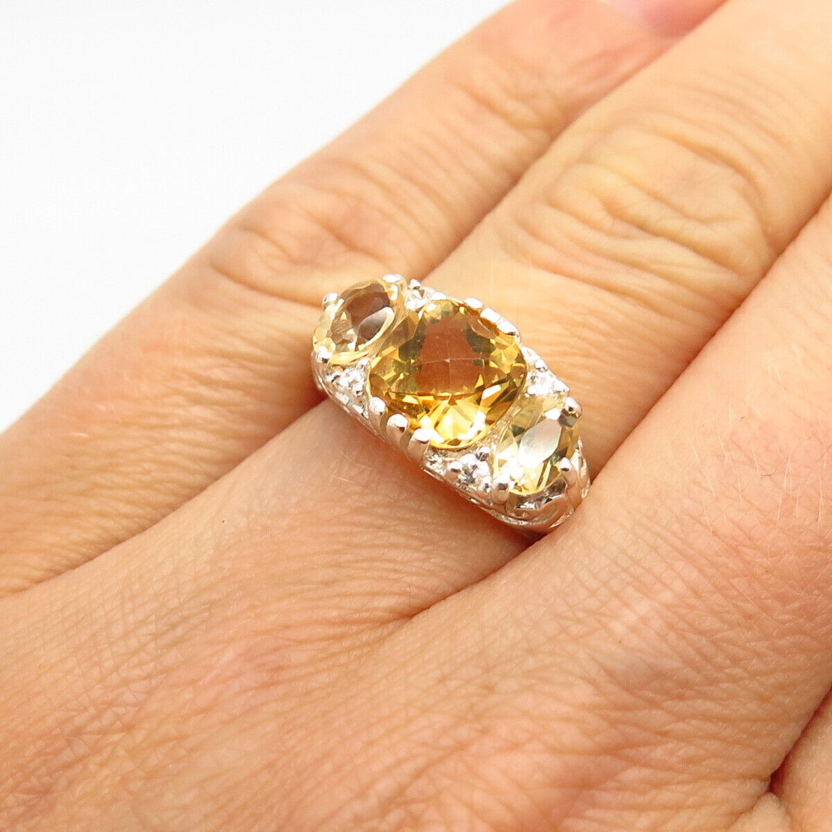 925 Sterling Silver Real Citrine Gemstone & C Z Ring