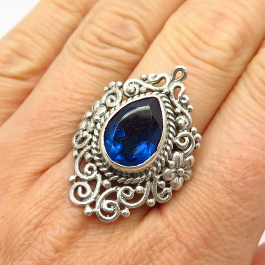 925 Sterling Silver Blue C Z Ornate Design Wide Ring Size 8 1/4