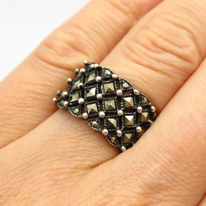 925 Sterling Silver Real Marcasite Gem Cutout Beaded Design Wide Ring Size 7