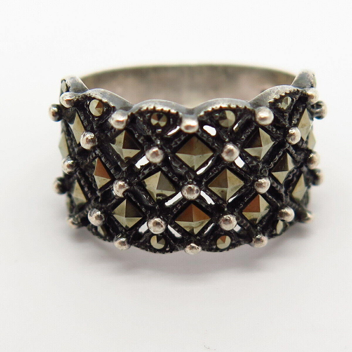 925 Sterling Silver Real Marcasite Gem Cutout Beaded Design Wide Ring Size 7