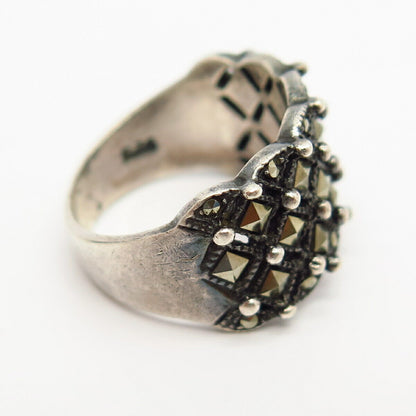 925 Sterling Silver Real Marcasite Gem Cutout Beaded Design Wide Ring Size 7