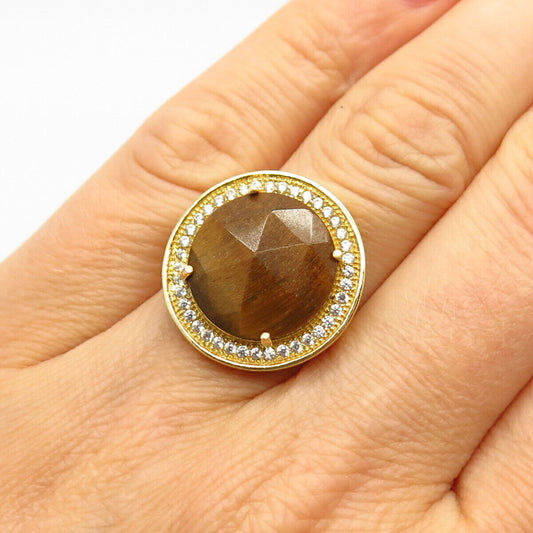 925 Sterling Silver Gold Plated Tiger Eye Gem & C Z Round Shape Ring Size 7.5