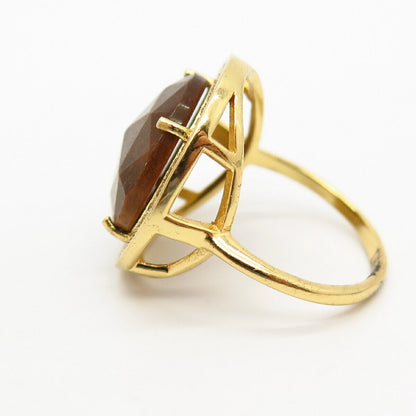 925 Sterling Silver Gold Plated Tiger Eye Gem & C Z Round Shape Ring Size 7.5