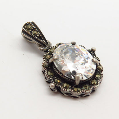 925 Sterling Silver Real Marcasite Gem & C Z Pendant