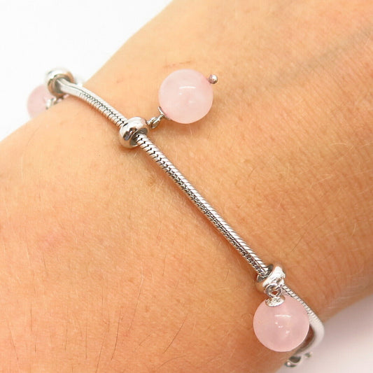 925 Sterling Silver Real Rose Quartz Gem 5 Charm Link Bracelet 7"