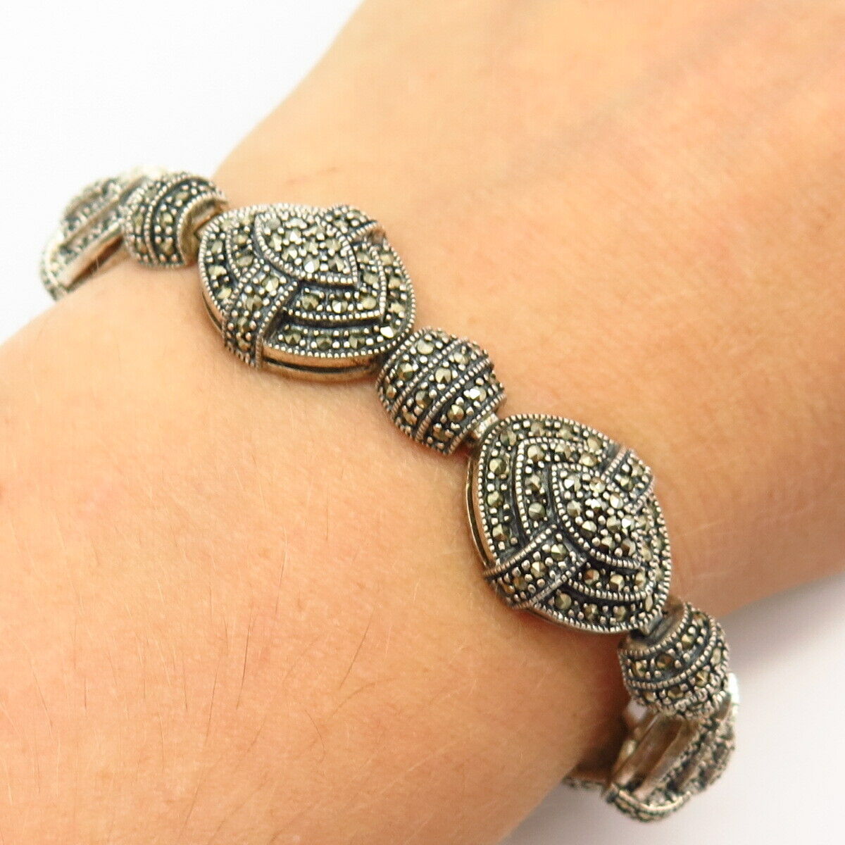 925 Sterling Silver Real Marcasite Gem Domed Design Link Bracelet 6 3/4"