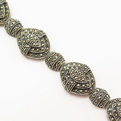 925 Sterling Silver Real Marcasite Gem Domed Design Link Bracelet 6 3/4"