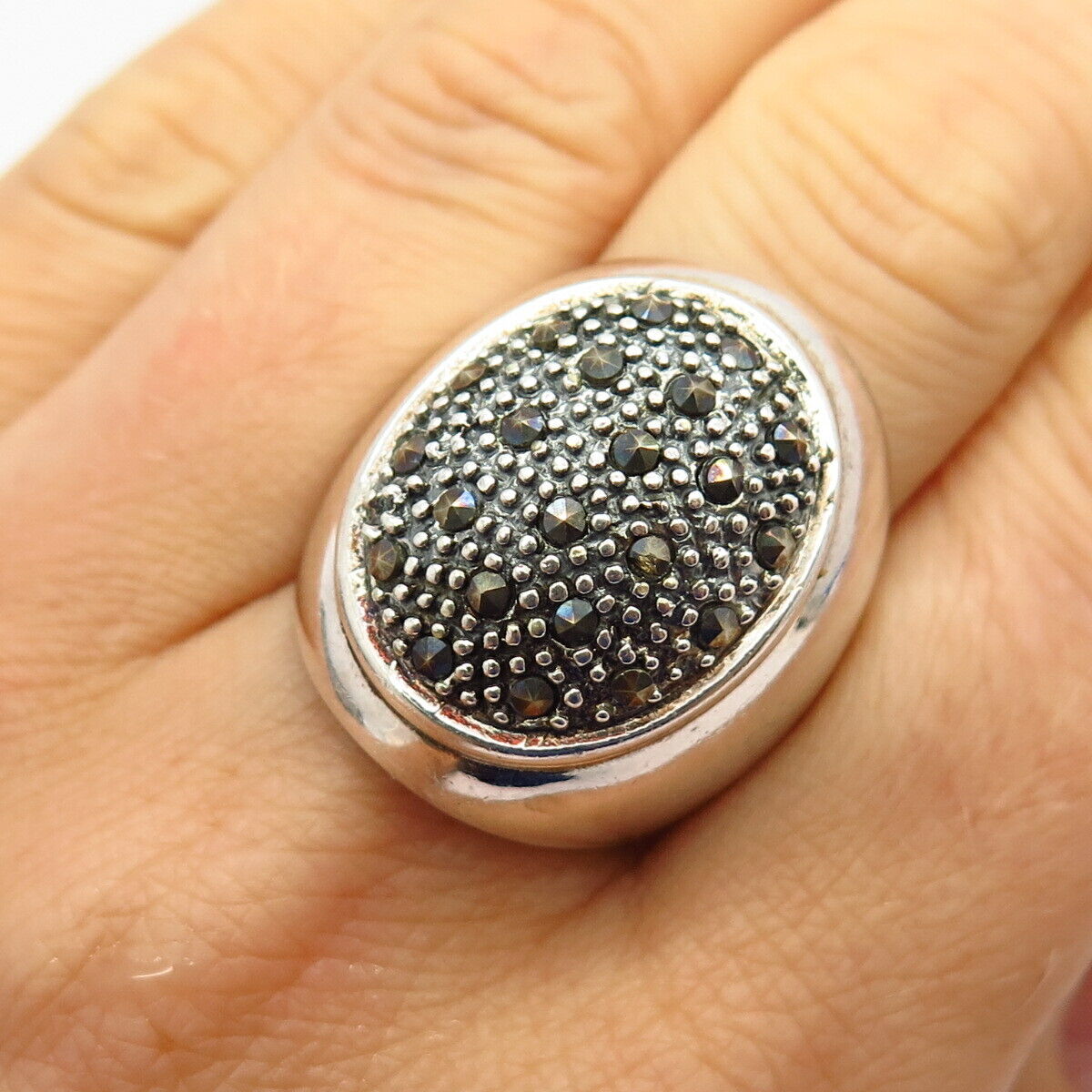 925 Sterling Silver Real Marcasite Gem Wide Ring Size 8