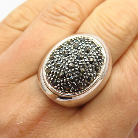 925 Sterling Silver Real Marcasite Gem Wide Ring Size 8