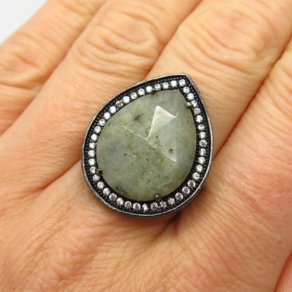 925 Sterling Silver Real Labradorite Gem & C Z Teardrop Design Ring Size 9 1/4