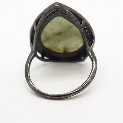 925 Sterling Silver Real Labradorite Gem & C Z Teardrop Design Ring Size 9 1/4