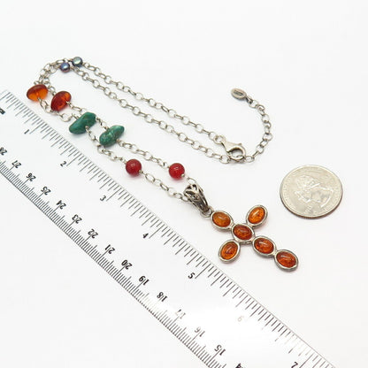 925 Sterling Real Amber & Turquoise Gem & Pearl Cross Pendant Chain Necklace 18"