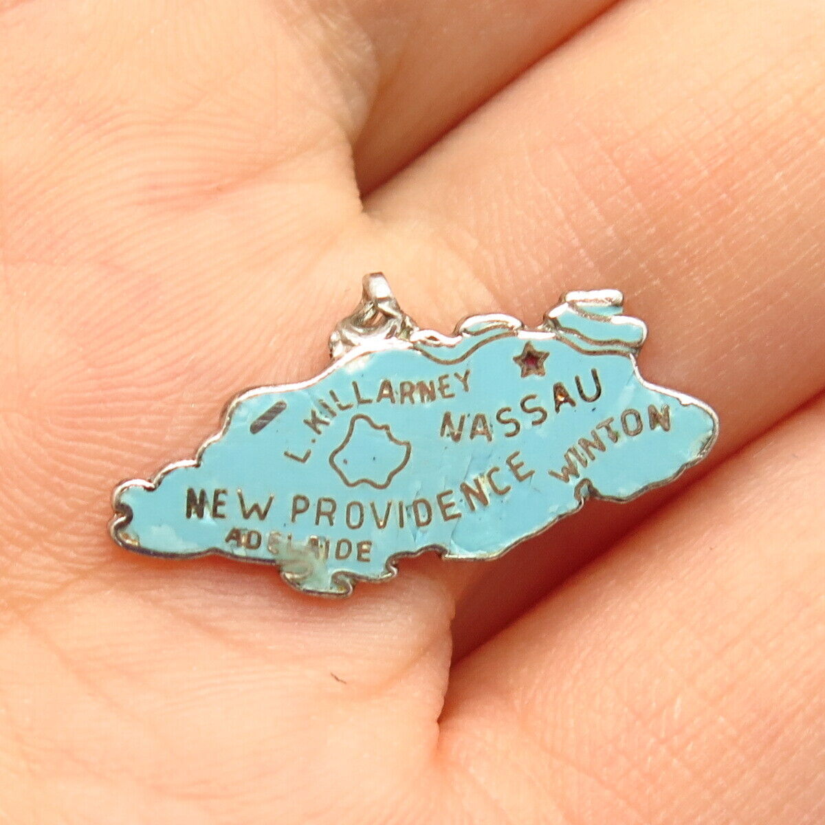 925 Sterling Vintage Blue Enamel "New Providence" State Map Design Charm Pendant