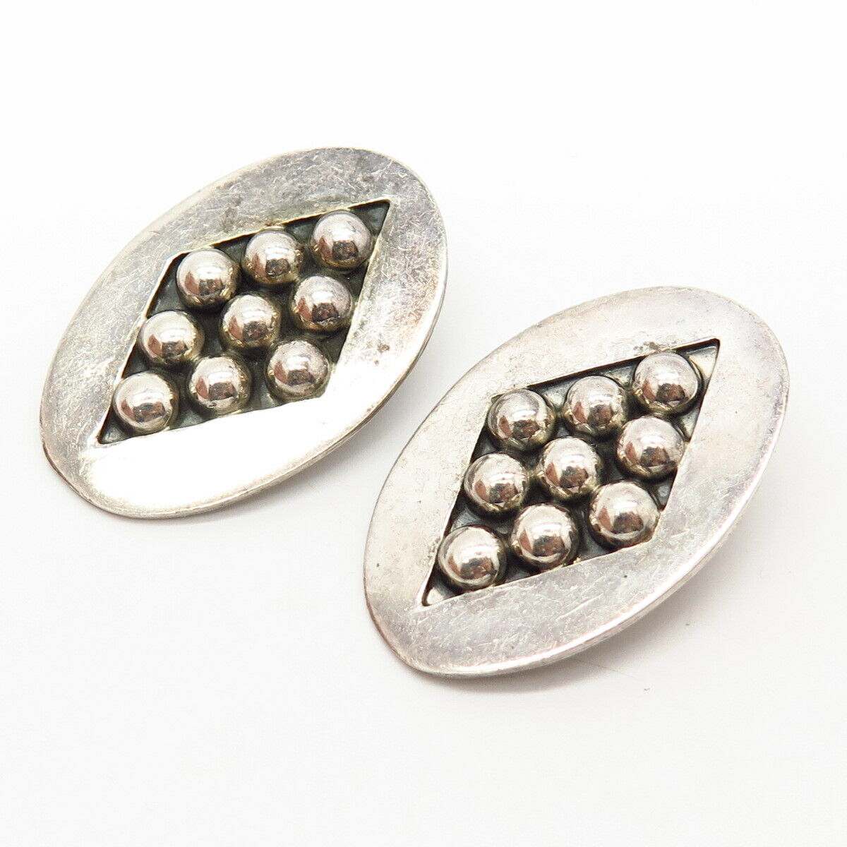 925 Sterling Silver Vintage Mexico Bead Design Clip On Earrings