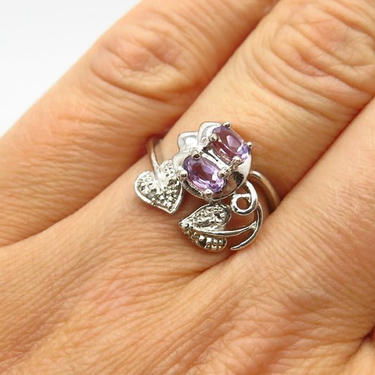 925 Sterling Silver Real Amethyst Gemstone Leaf Design Ring Size 6.5