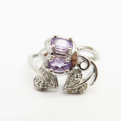 925 Sterling Silver Real Amethyst Gemstone Leaf Design Ring Size 6.5