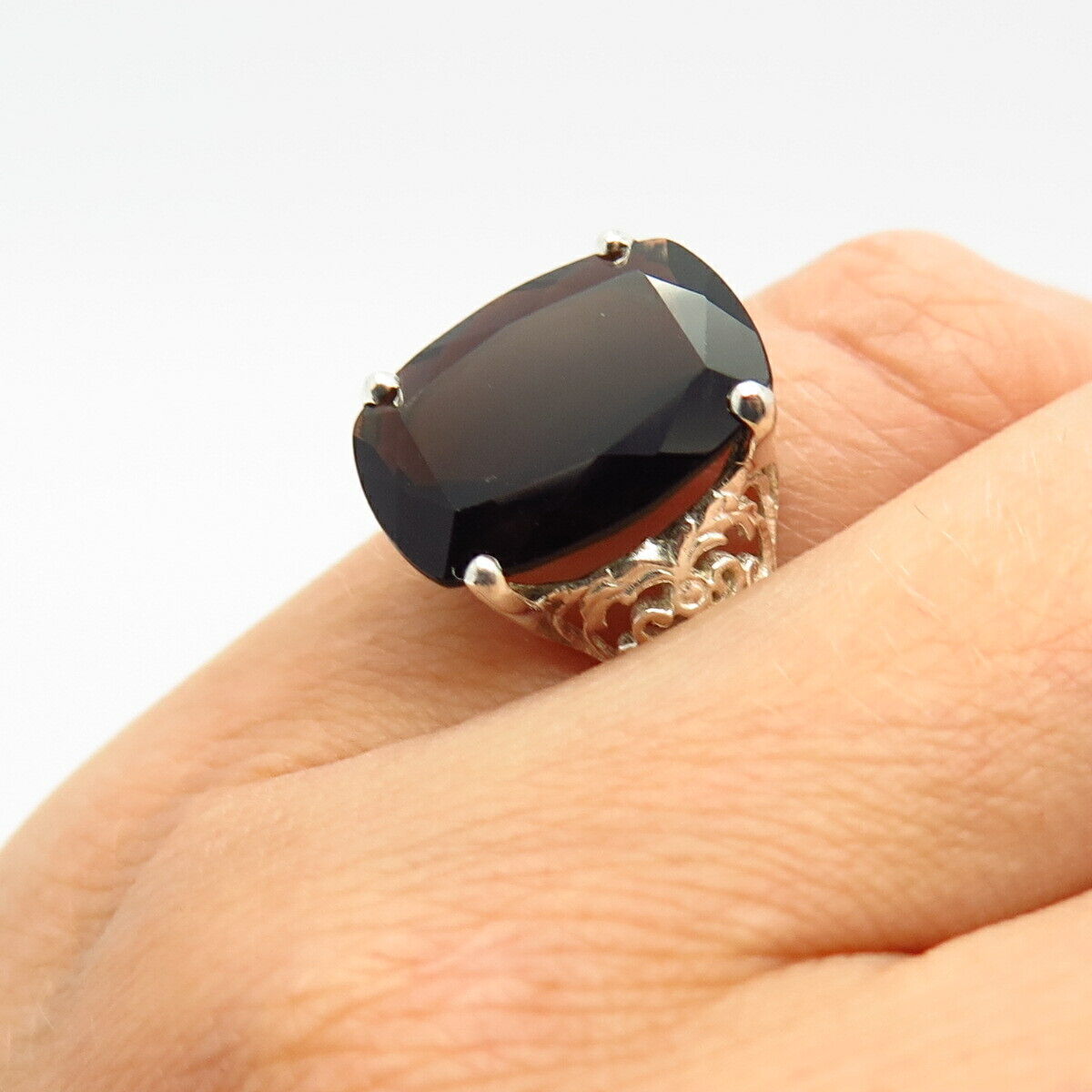 925 Sterling Silver Real Smoky Quartz Ornate Design Ring