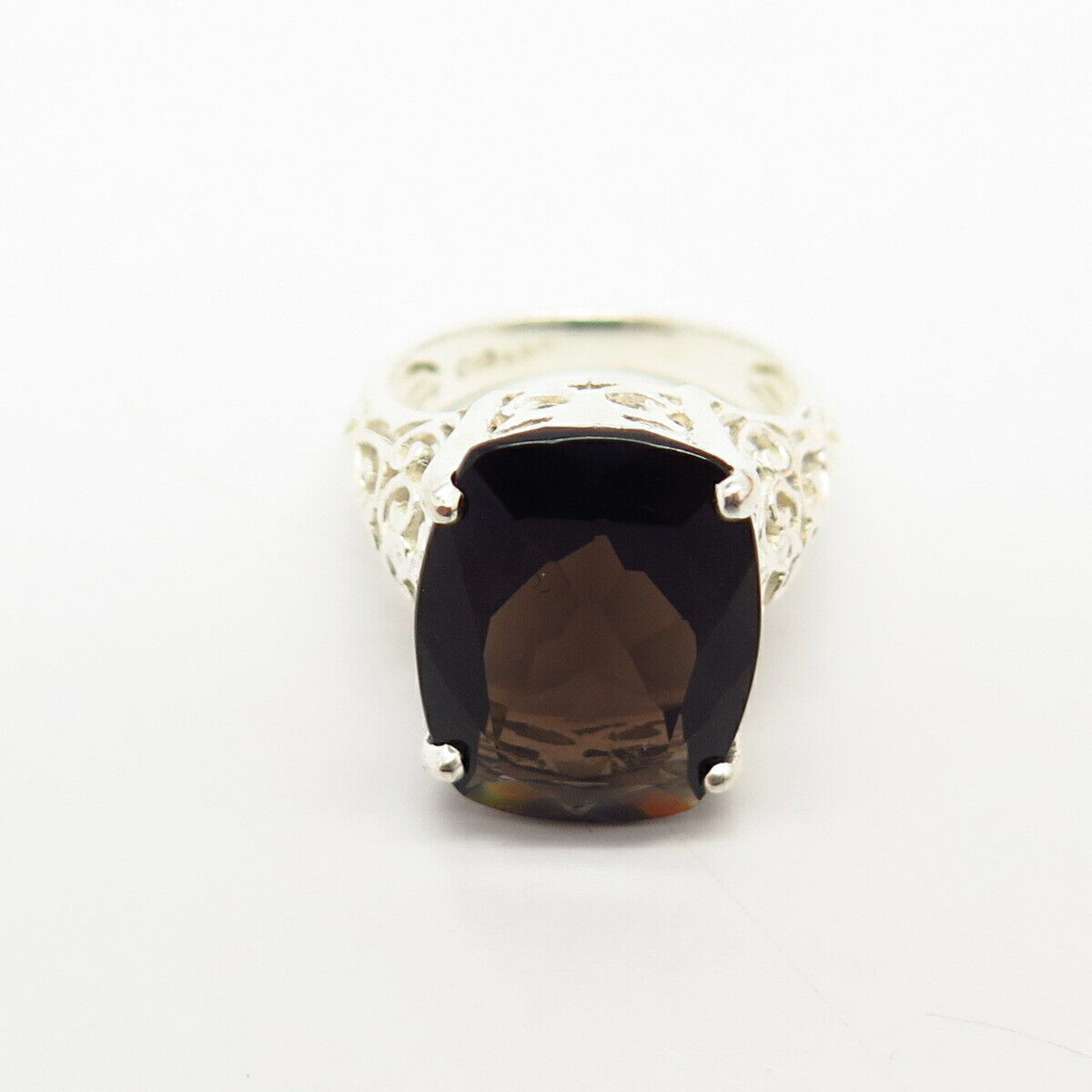 925 Sterling Silver Real Smoky Quartz Ornate Design Ring