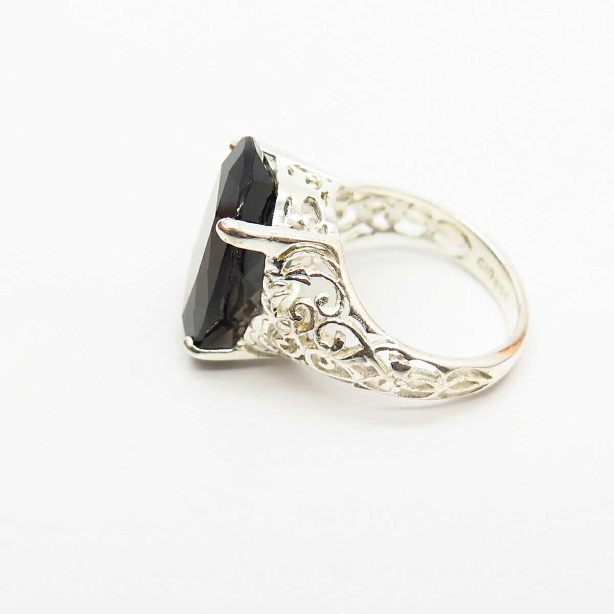 925 Sterling Silver Real Smoky Quartz Ornate Design Ring