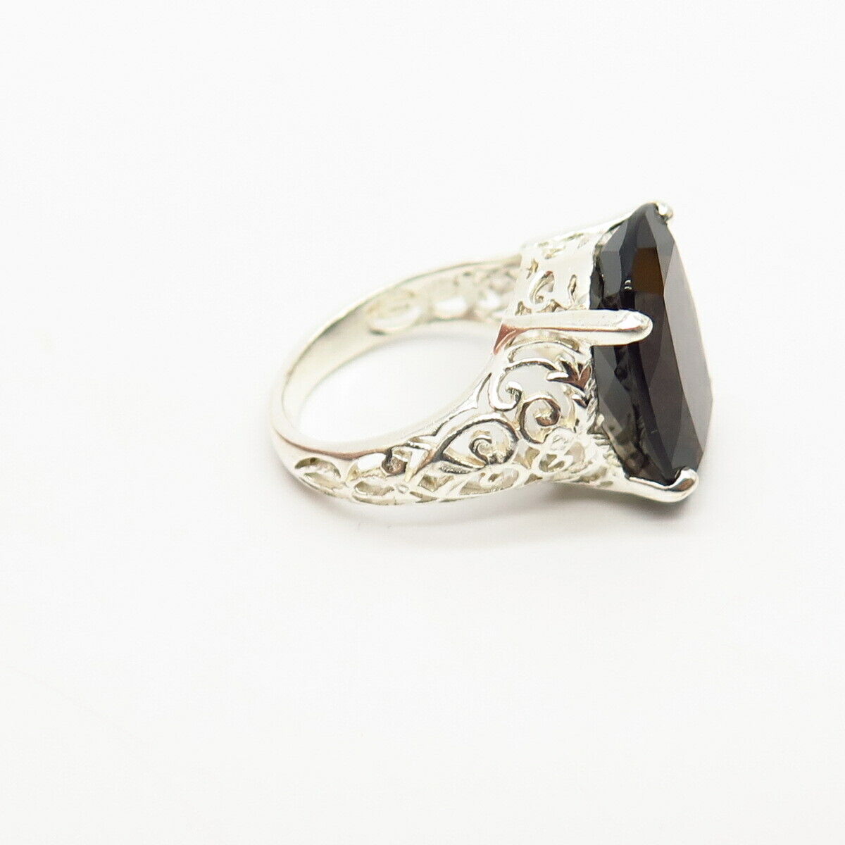 925 Sterling Silver Real Smoky Quartz Ornate Design Ring