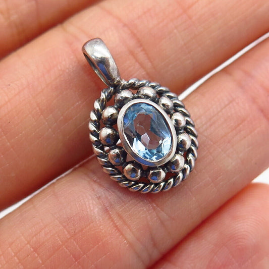 925 Sterling Silver Real Sky Blue Topaz Gemstone Bead & Twisted Design Pendant