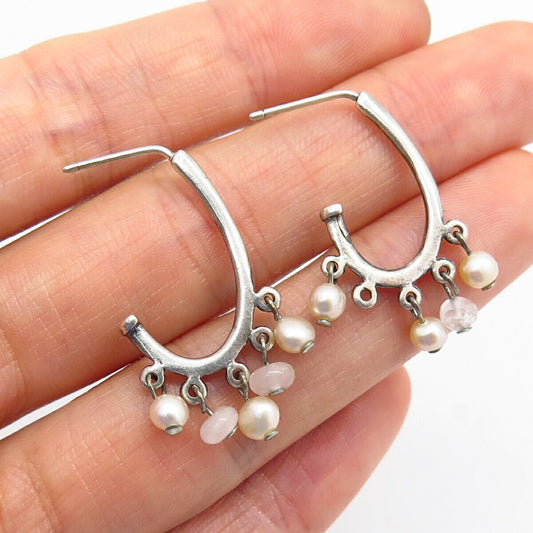 925 Sterling Silver Real Rose Quartz & Pearl Earrings