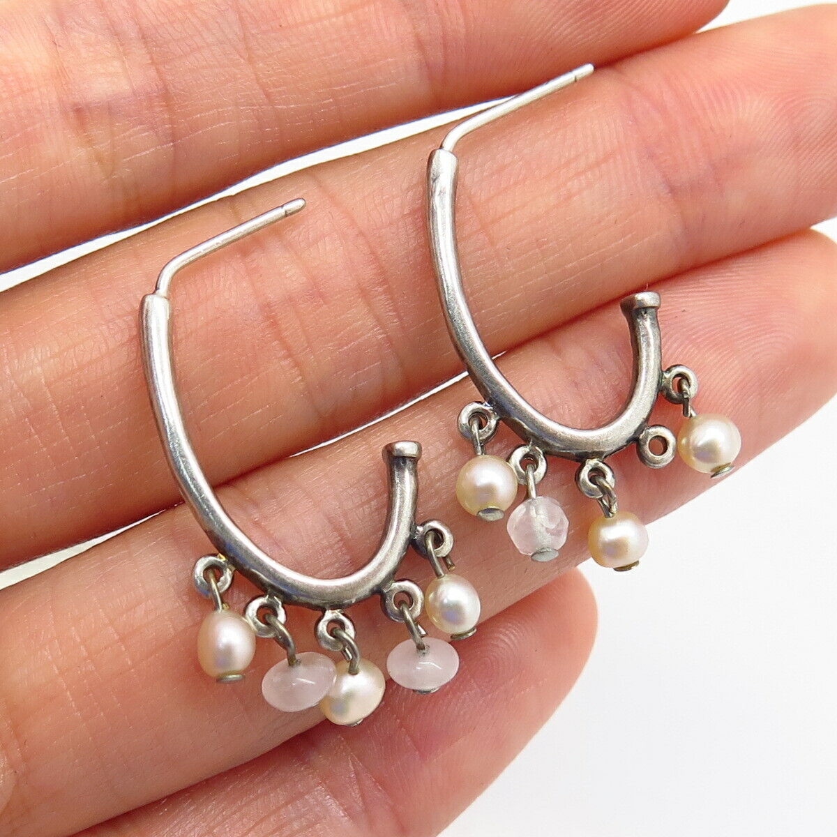 925 Sterling Silver Real Rose Quartz & Pearl Earrings