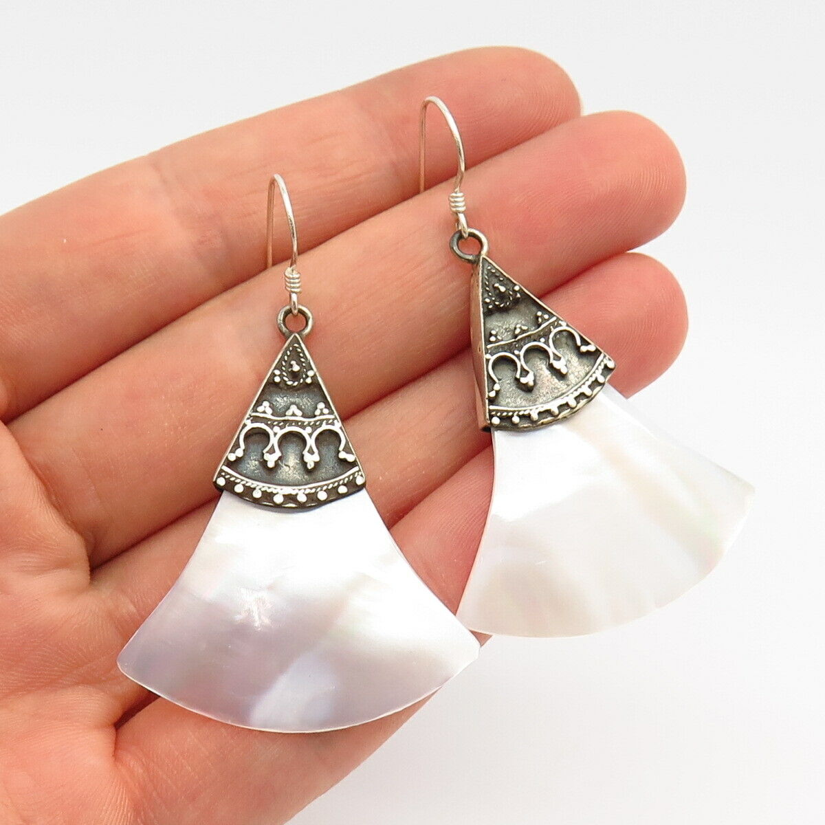 925 Sterling Silver Mother-of-Pearl Ornate Design Dangling Earrings