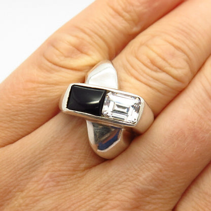 925 Sterling Silver Real Black Onyx Gem & C Z Crossover Design Ring Size 6 1/4