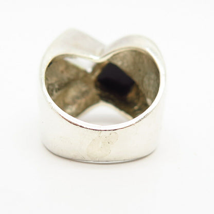 925 Sterling Silver Real Black Onyx Gem & C Z Crossover Design Ring Size 6 1/4