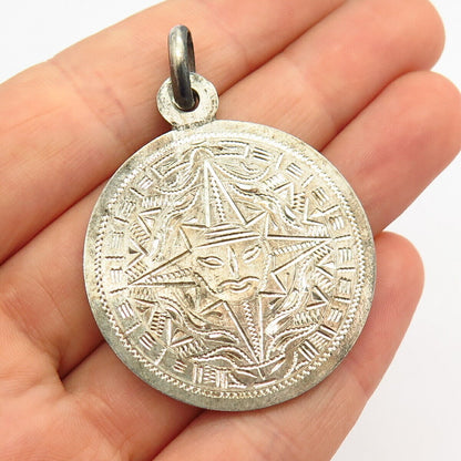 925 Sterling Silver Vintage Plafina Aztec Calendar Design Pendant