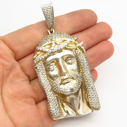 925 Sterling Silver Gold Plated C Z Jesus Religious Large Pendant