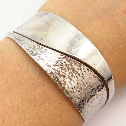 925 Sterling Silver Hammered Finish Wave Design Cuff Bracelet 6 3/4"