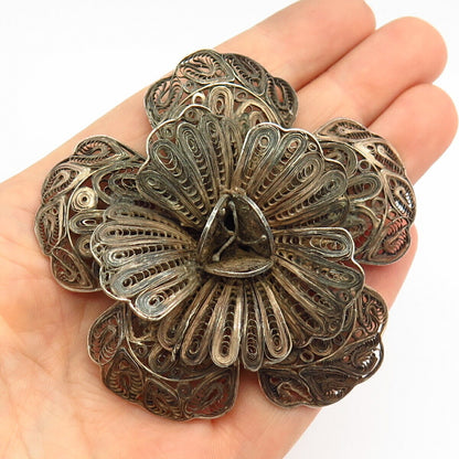 925 Sterling Silver Vintage Mexico Floral Design Filigree Statement Pin Brooch