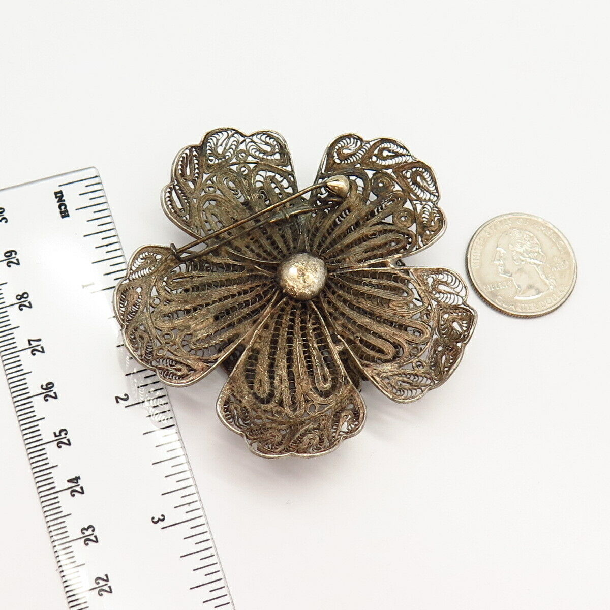 925 Sterling Silver Vintage Mexico Floral Design Filigree Statement Pin Brooch