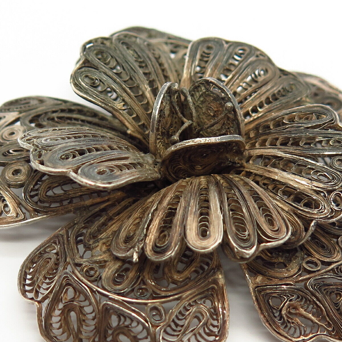 925 Sterling Silver Vintage Mexico Floral Design Filigree Statement Pin Brooch