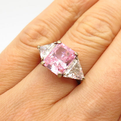 925 Sterling Silver 2-Tone White & Morganite-Tone C Z 3-Stone Ring Size 6 3/4