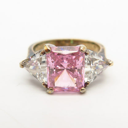 925 Sterling Silver 2-Tone White & Morganite-Tone C Z 3-Stone Ring Size 6 3/4