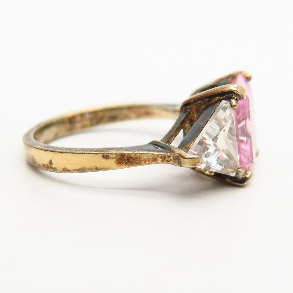 925 Sterling Silver 2-Tone White & Morganite-Tone C Z 3-Stone Ring Size 6 3/4