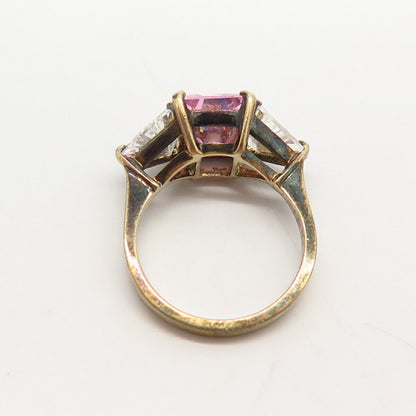 925 Sterling Silver 2-Tone White & Morganite-Tone C Z 3-Stone Ring Size 6 3/4