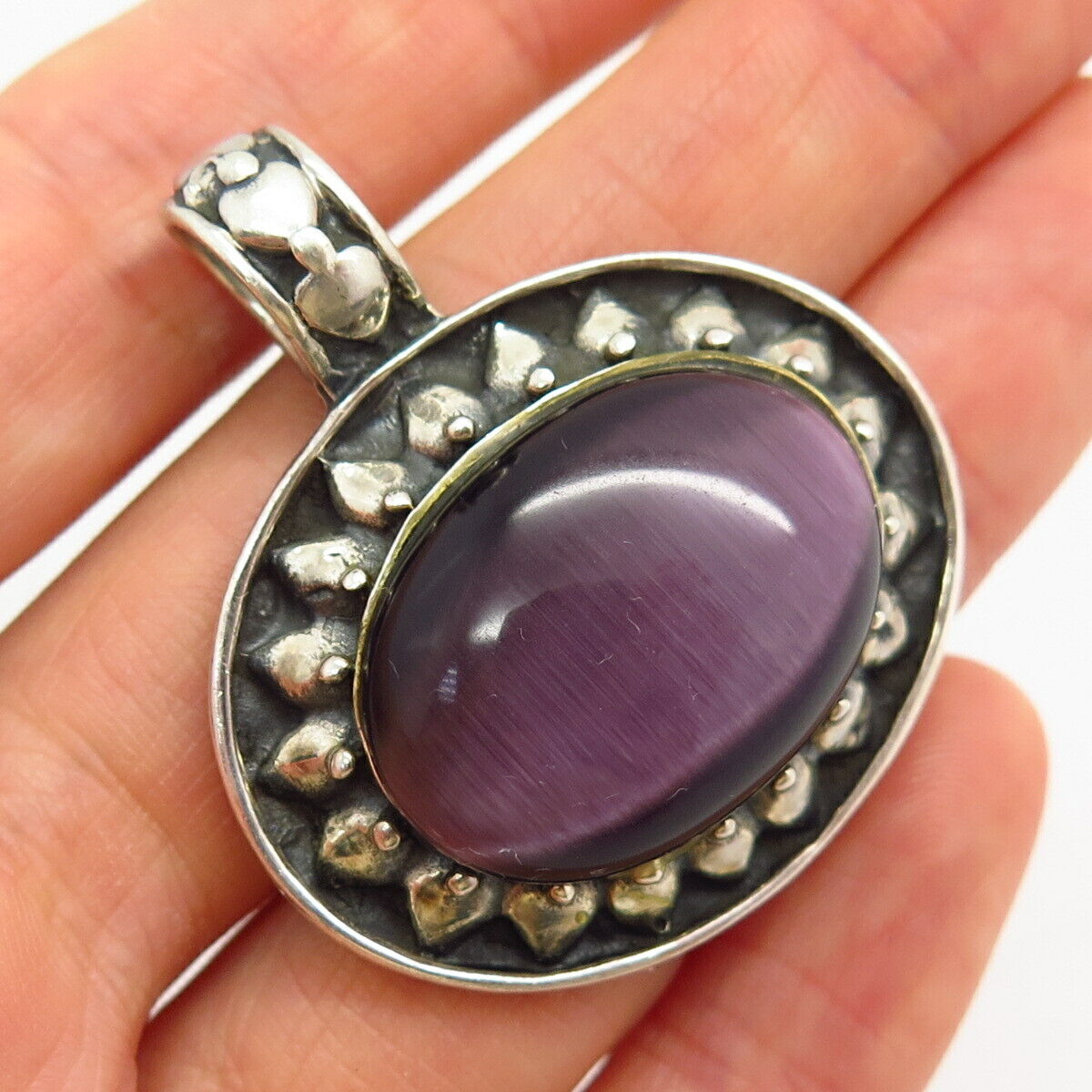 925 Sterling Silver Purple Tiger Eye Oval Shape Statement Pendant